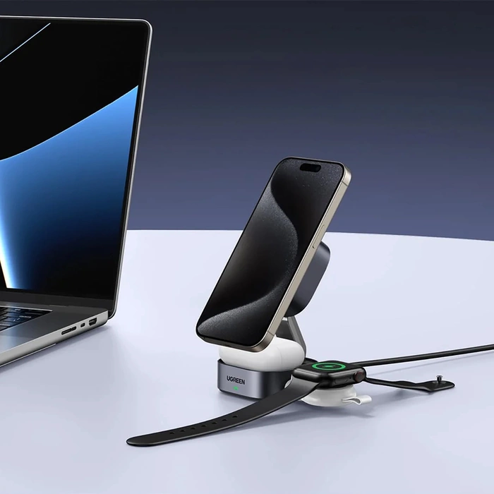 Ładowarka indukcyjna Qi 2w1 Ugreen W702 do Iphone, AirPods, 15W (szara)