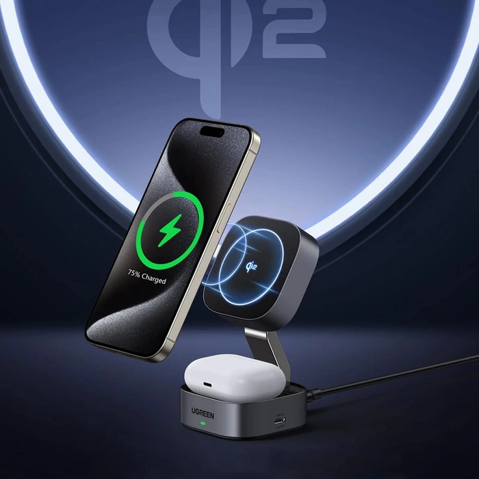 Ładowarka indukcyjna Qi 2w1 Ugreen W702 do Iphone, AirPods, 15W (szara)