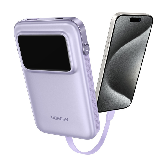 Powerbank magnetyczny 10000mAh Ugreen Uno PB511, USB + USB-C Z Kablem 30W Fioletowy