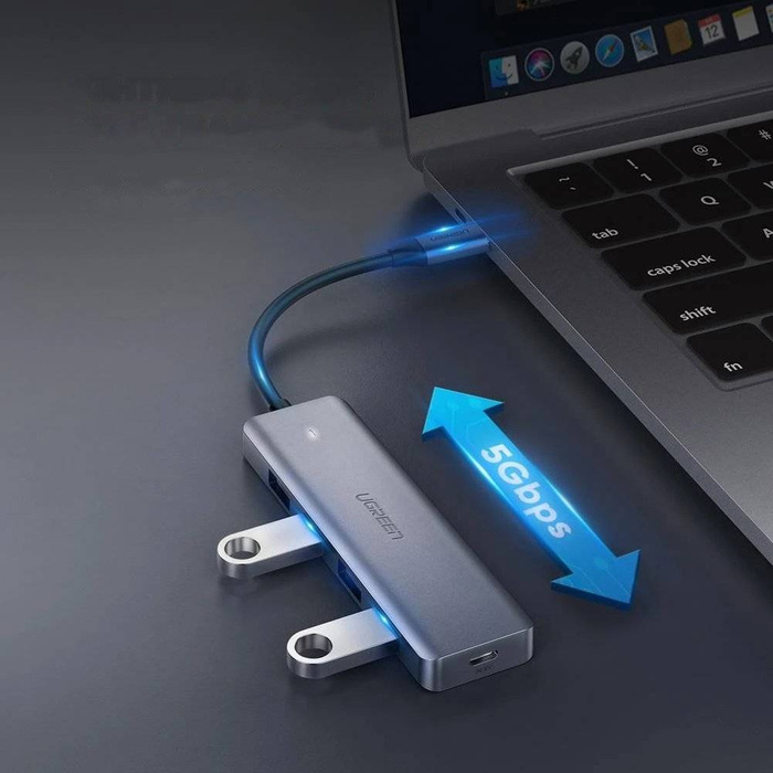Ugreen rozdzielacz HUB USB Typ C - 4x USB 3.2 Gen 1 z portem zasilania USB Typ C szary (CM219 70336)