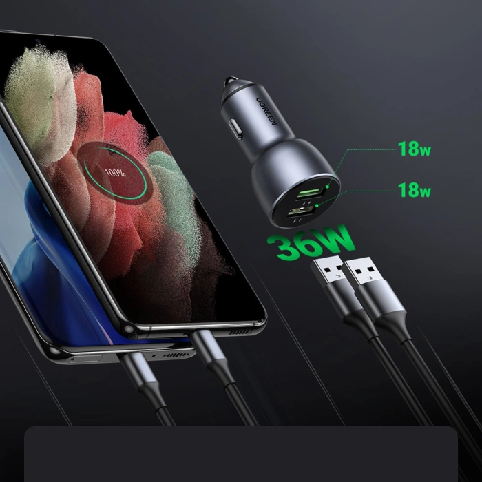 Ugreen fast charger car 2x USB 36W Quick Charge SCP FCP AFC grey (CD213 10144)